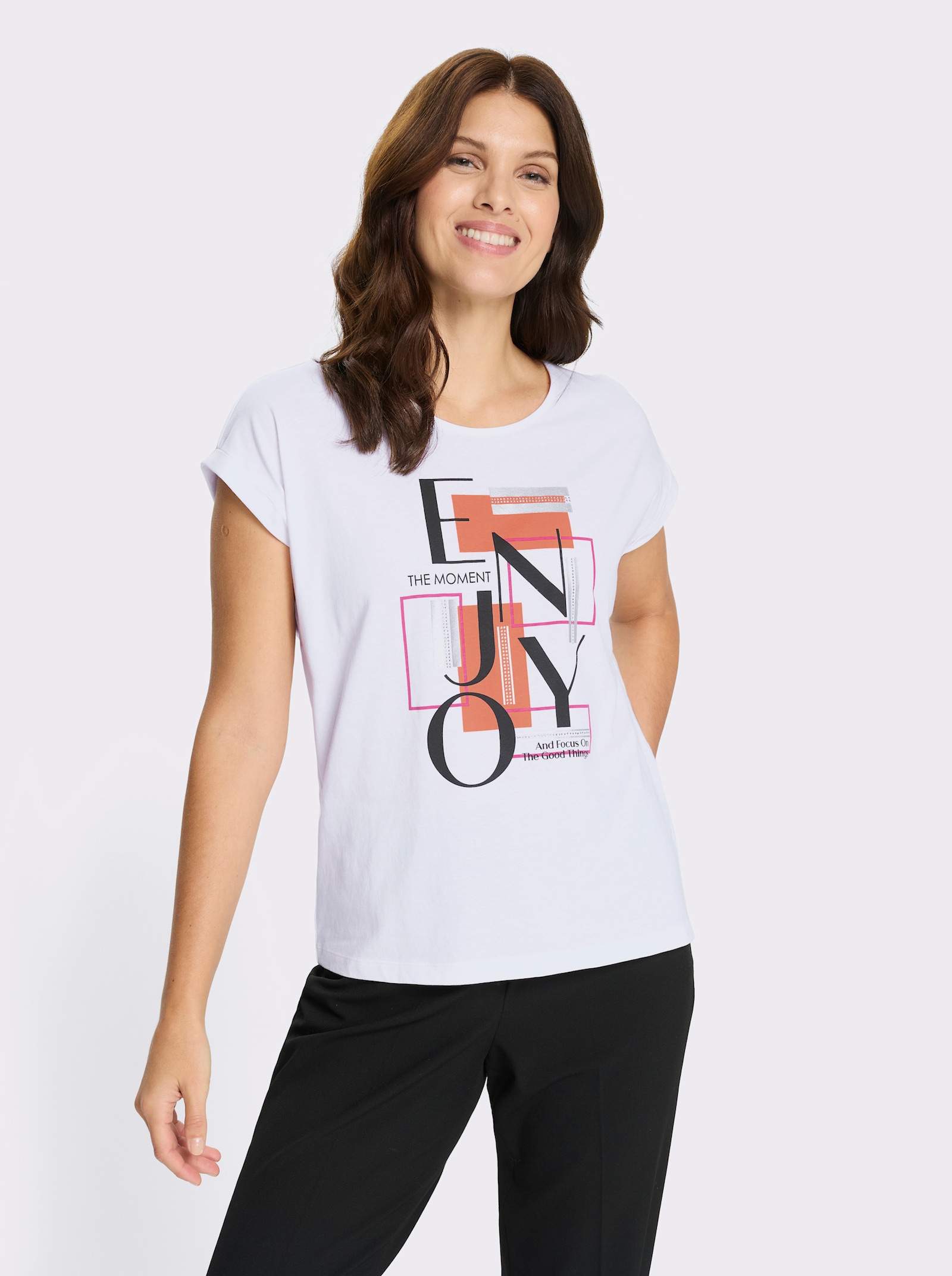 Kurzarmshirt mit Schriftzug - weiß-papaya