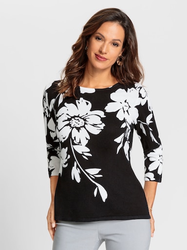 Feinstrickpullover mit platziertem Blüten-Druck - schwarz-ecru-bedruckt