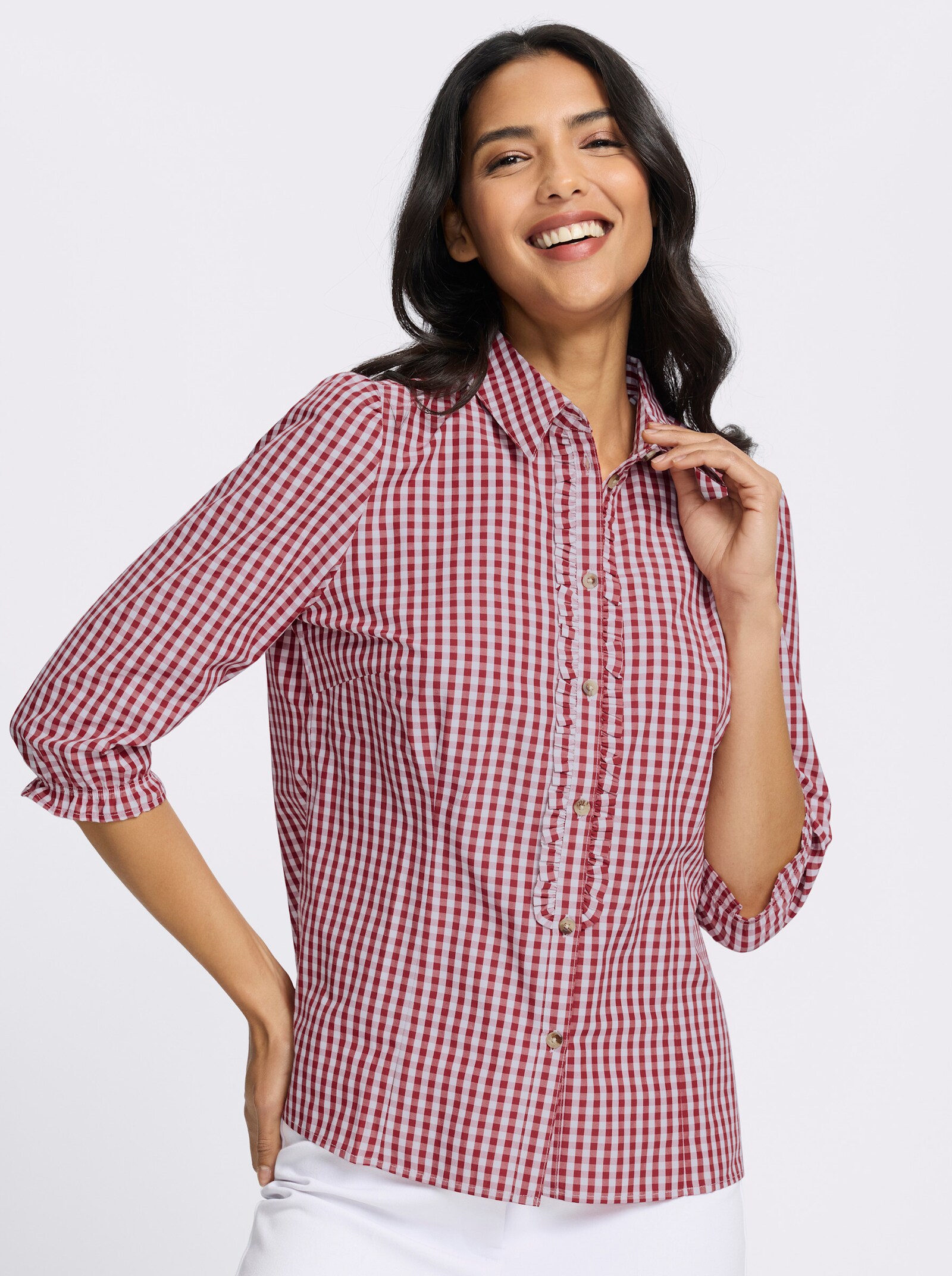 Trachtenbluse mit Rüschenband - rot-weiß-kariert