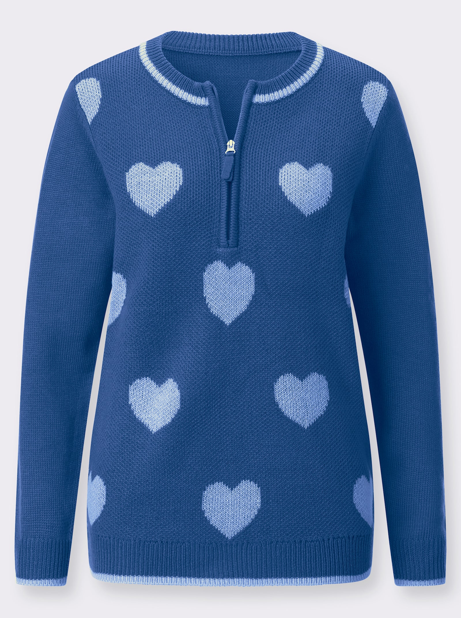 Langarm-Pullover mit Herz-Muster - mittelblau-eisblau-gemustert