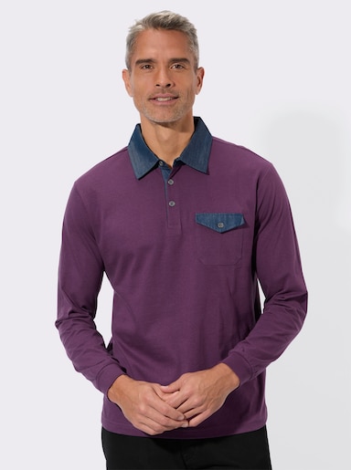 Langarm-Poloshirt mit gewebten Details - traube