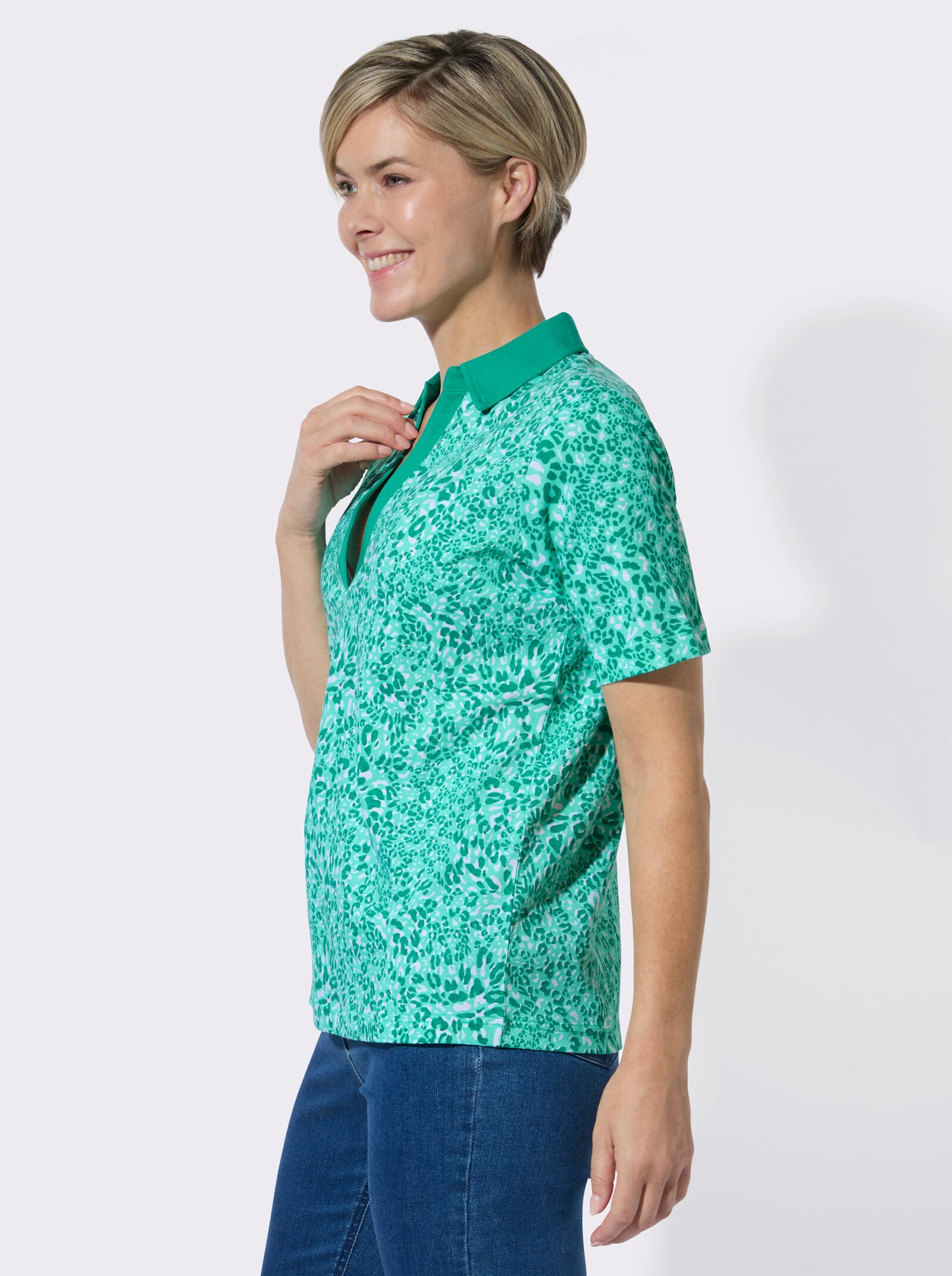 Poloshirt im Animal-Dessin - blaugrün-smaragd-bedruckt