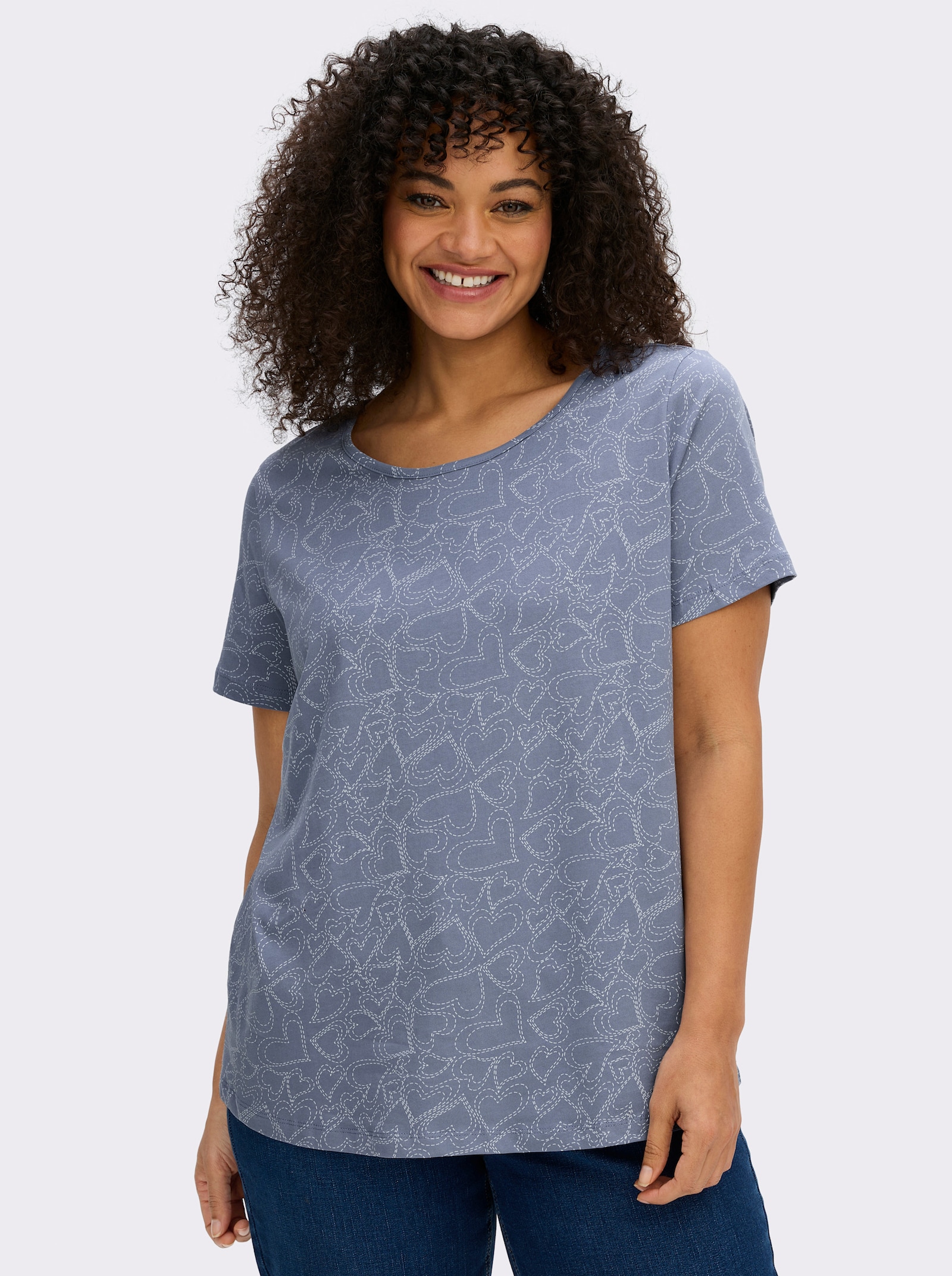 T-Shirt mit Herzchen-Dessin - taubenblau-bedruckt