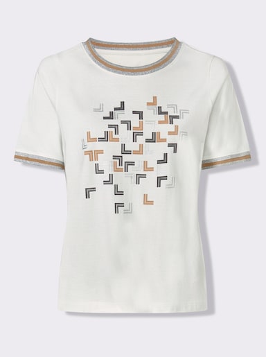 Shirt met korte mouwen en zilverkleurige folieprint - ecru/camel