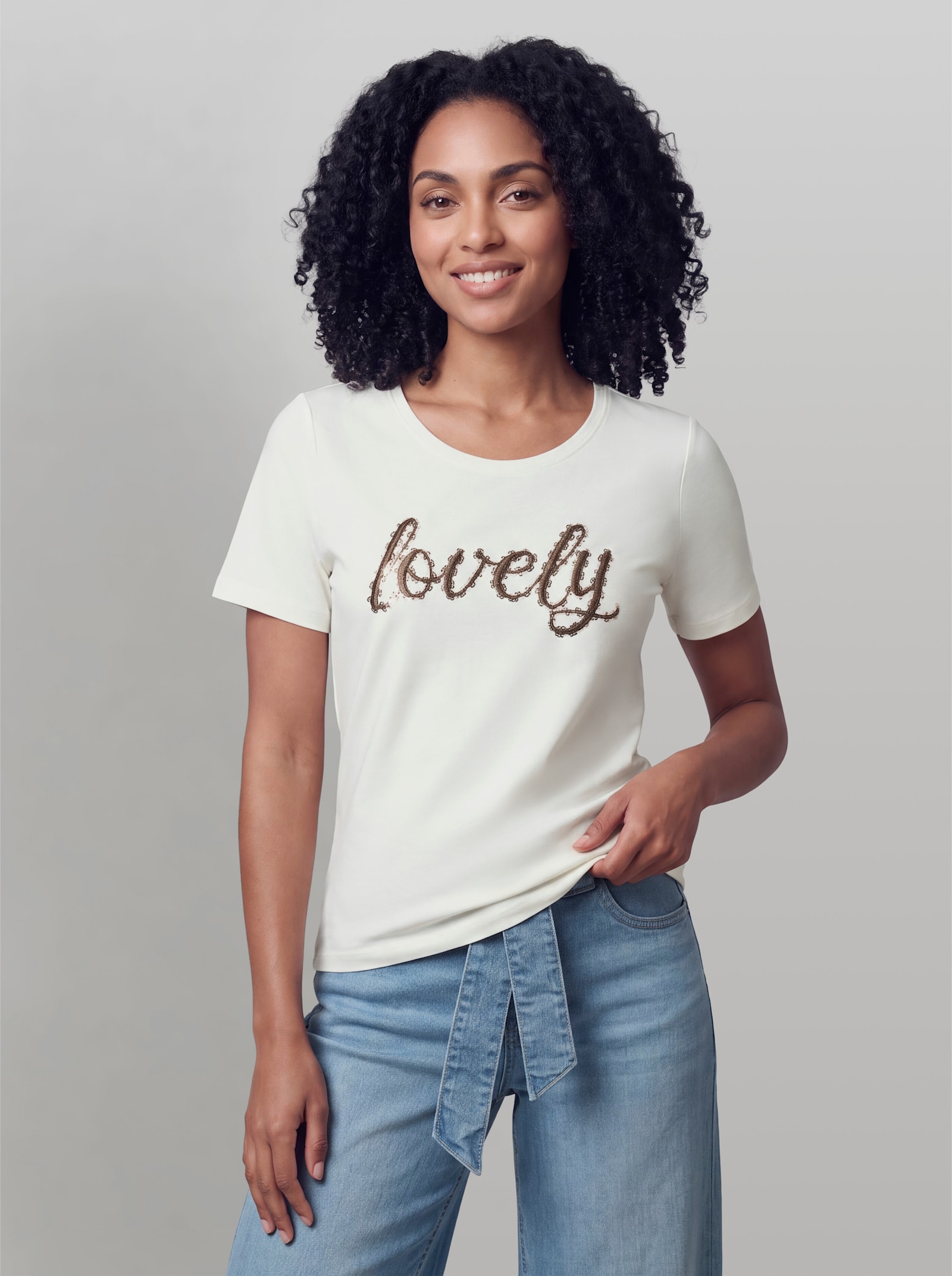 heine Kurzarmshirt mit Pailletten-Schriftzug - ecru