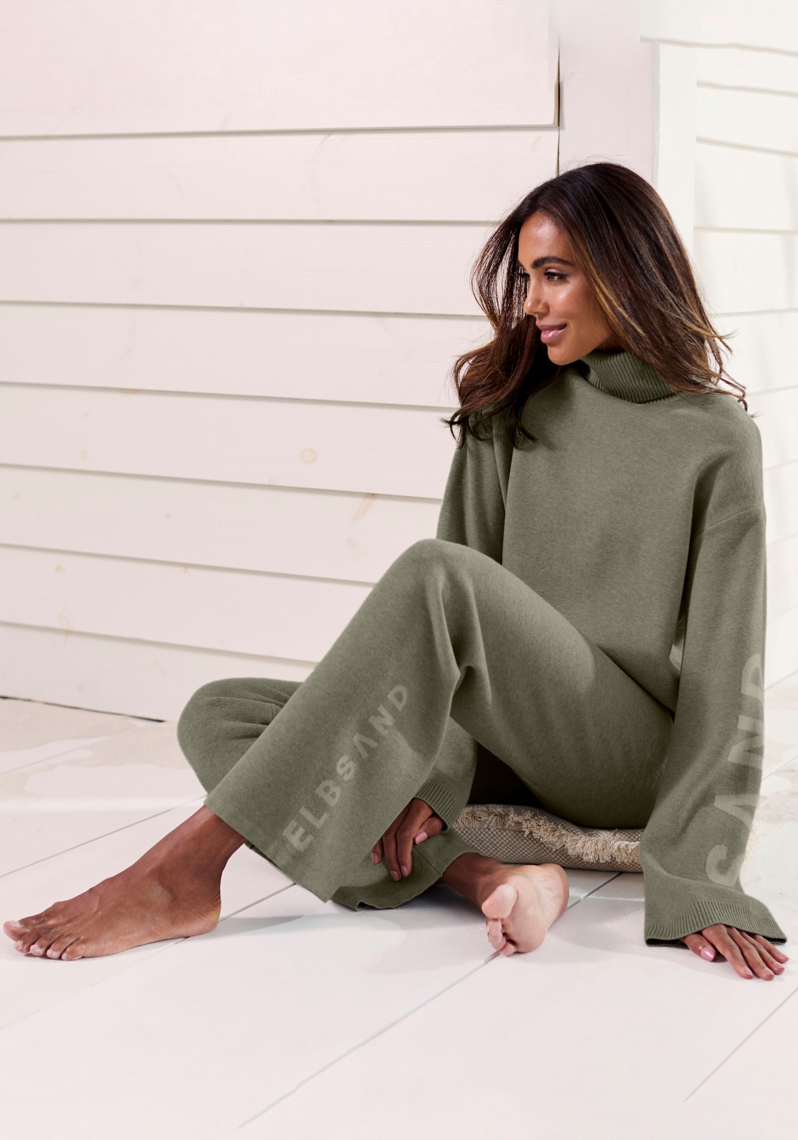 Elbsand Broek van tricot - olijf gemêleerd