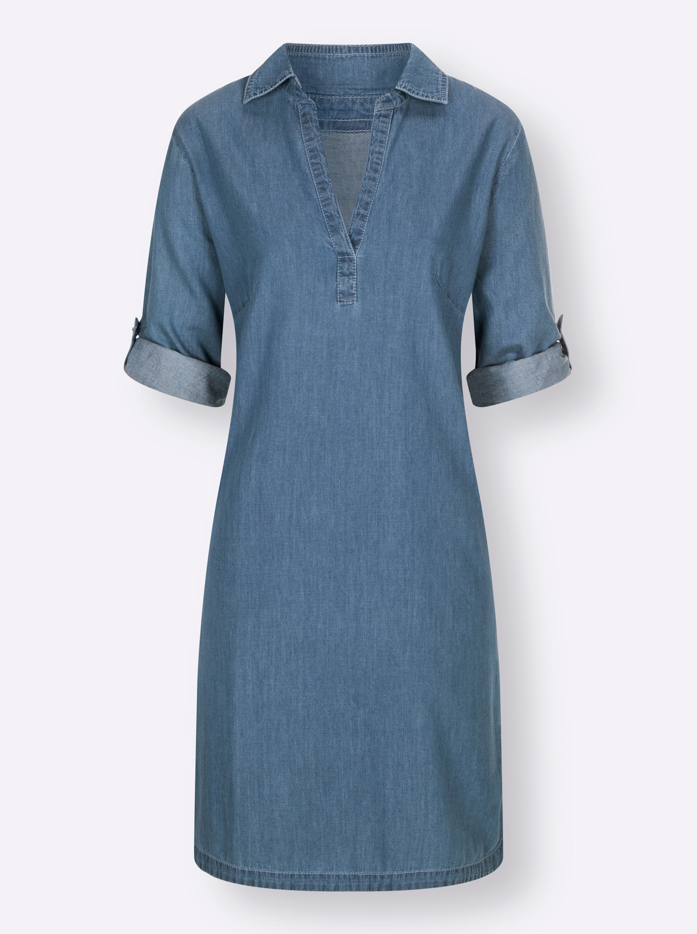 Kleid günstig Kaufen-Jeanskleid in blue-bleached von heine. Jeanskleid in blue-bleached von heine <![CDATA[Jeans-Kleid mit lässig-sportivem Chic. In Schlupfform mit Hemdkragen, Brustabnähern und V-Ausschnitt. Die 3/4-langen Ärmel können mit Riegel und Schlitz auch hochgek
