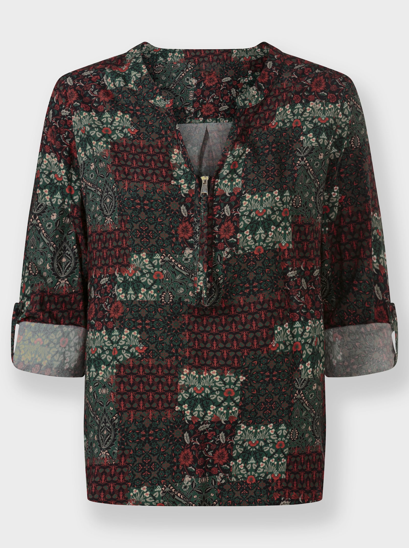 Langarmbluse in Patch-Optik - schwarz-terra-bedruckt