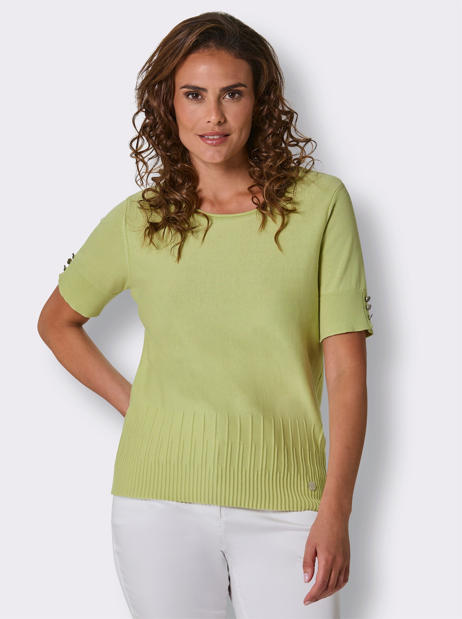 CREATION L PREMIUM Kurzarmpullover mit Zierknöpfen - pistazie