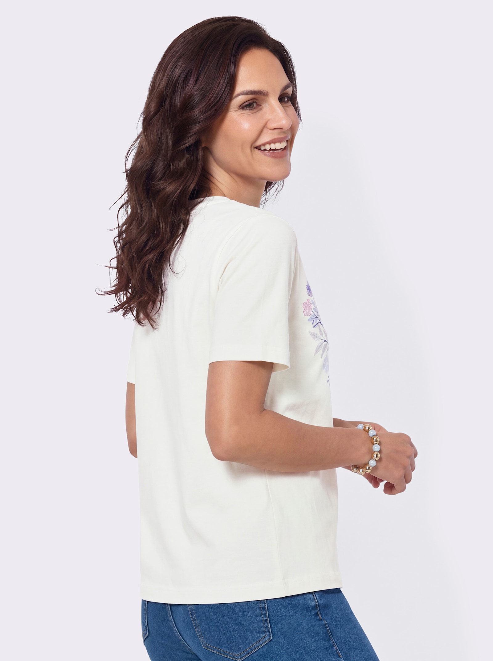 Kurzarmshirt mit Blüten- und Schmetterlingsmotiv - ecru