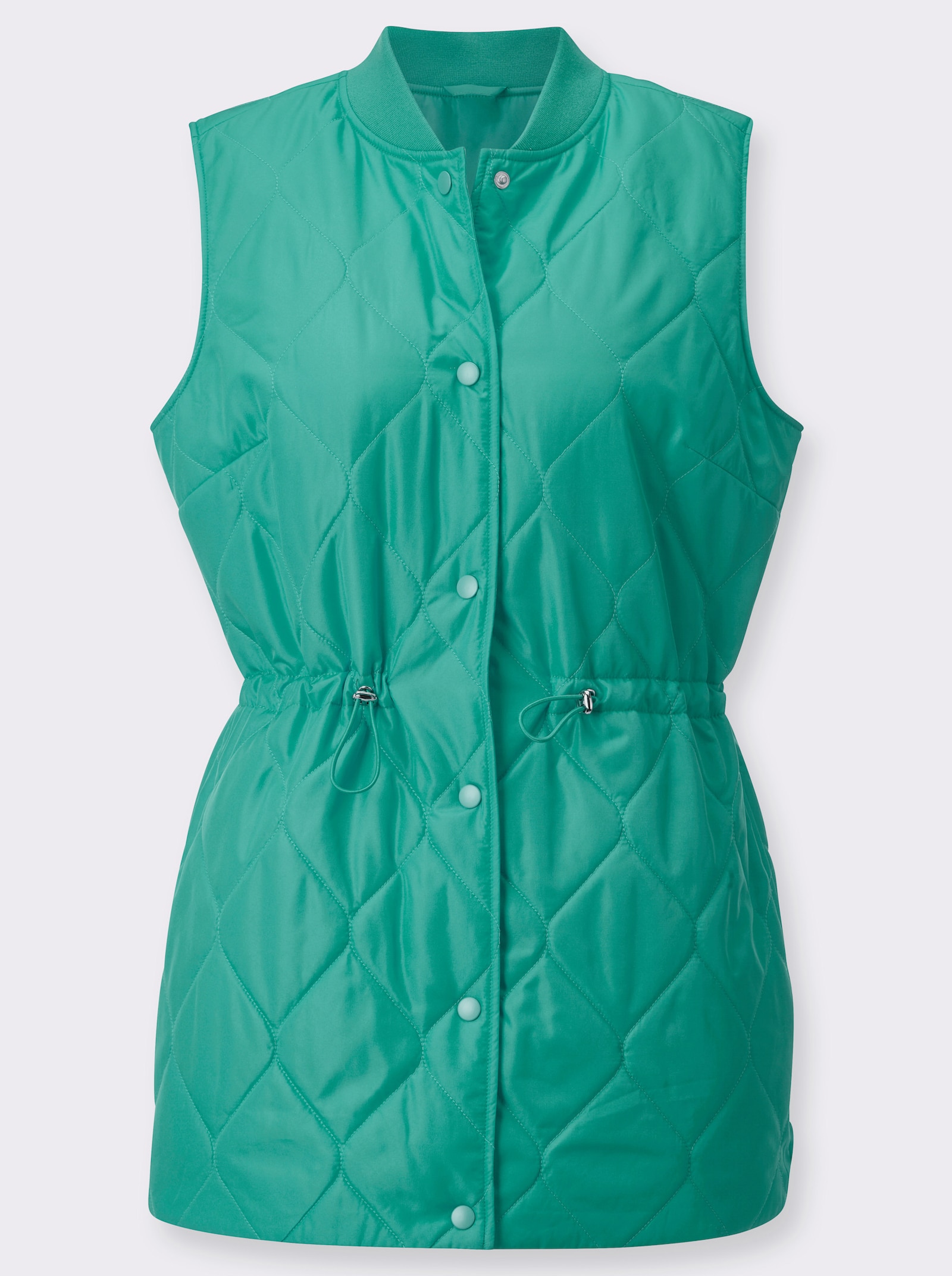 Lange bodywarmer met verstelbare taille - blauwgroen