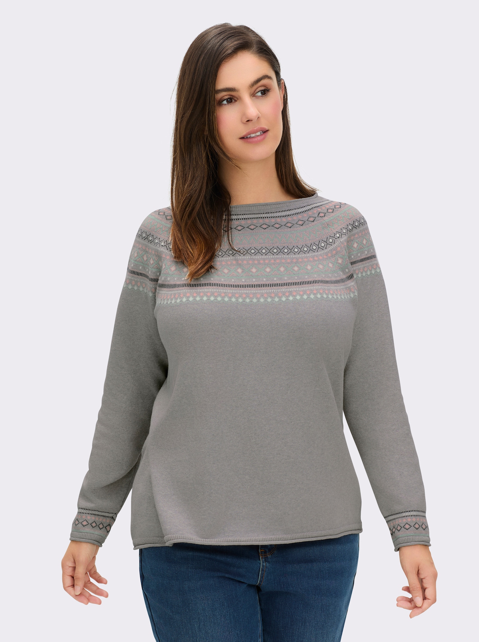 Norwegerpullover aus reiner Baumwolle - grau-meliert-gemustert