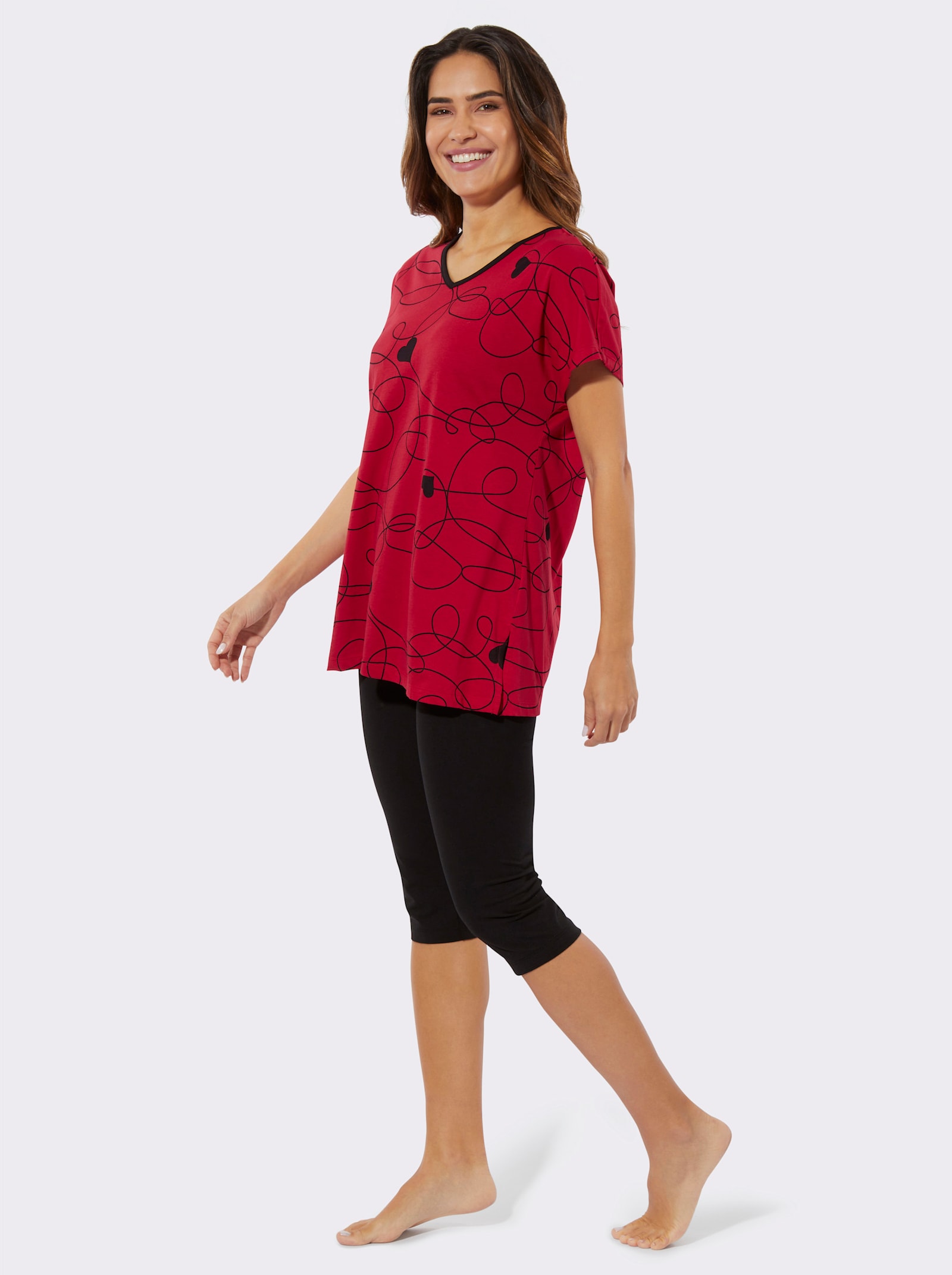 Capri pyžamo, dlhé tričko+legíny - Čierna – červená