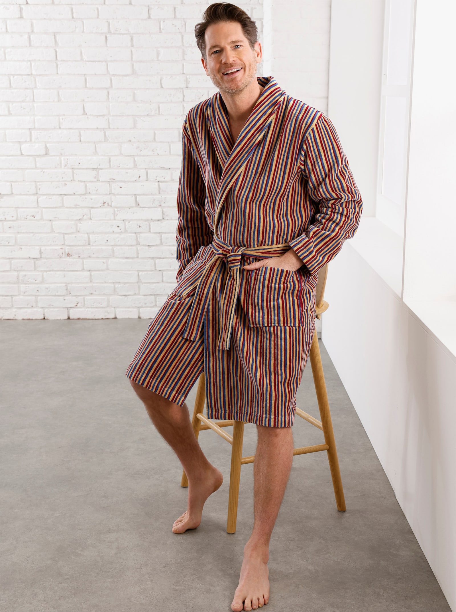 feel good Badjas - camel/donkerrood gestreept