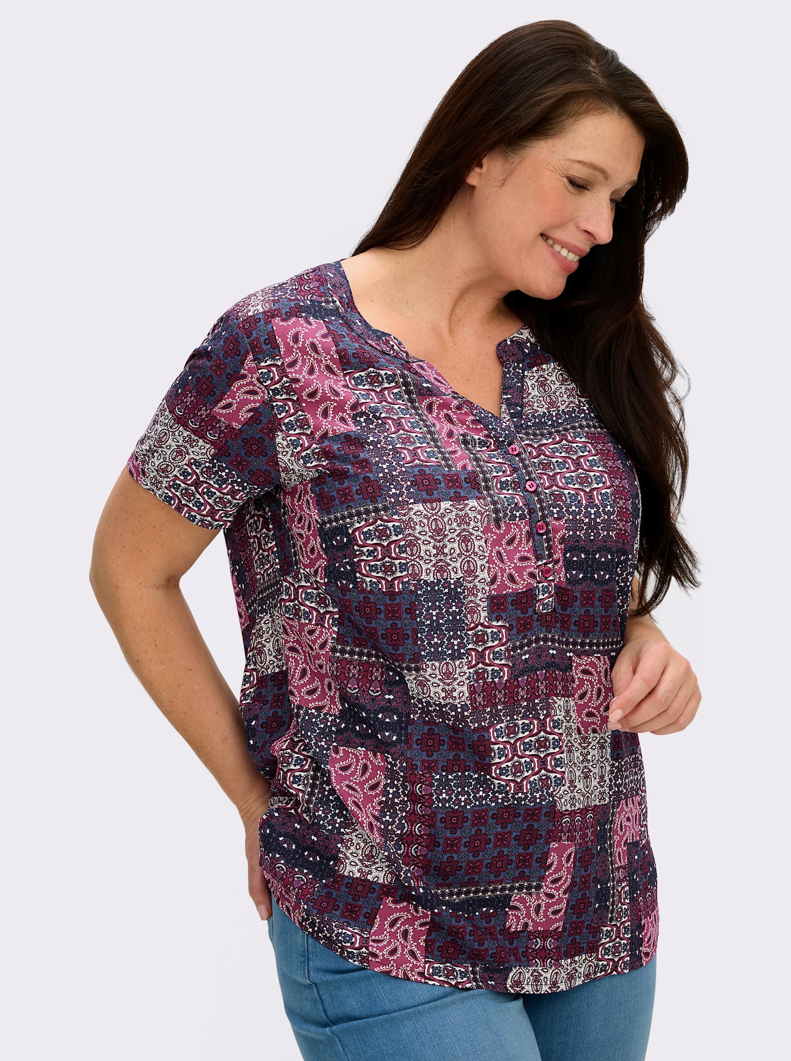 Kurzarmbluse mit Patchwork-Druck - erika-jeansblau-bedruckt