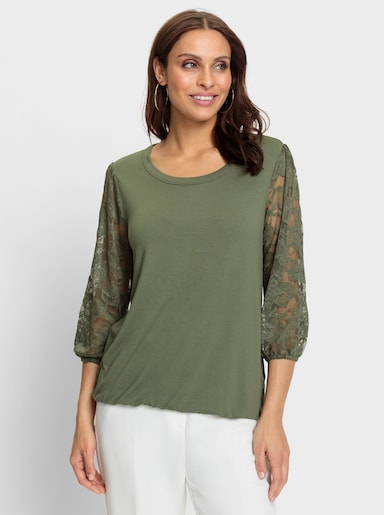 Spitzenshirt mit dezenter Raffung - khaki