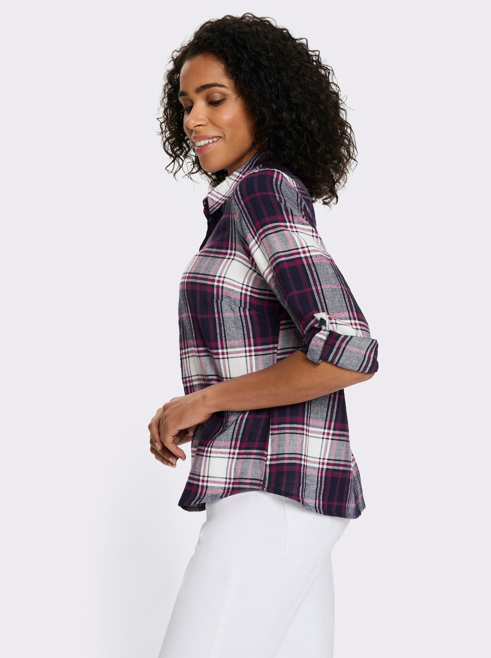Flanellbluse mit krempelbaren Ärmeln - marine-ecru-kariert