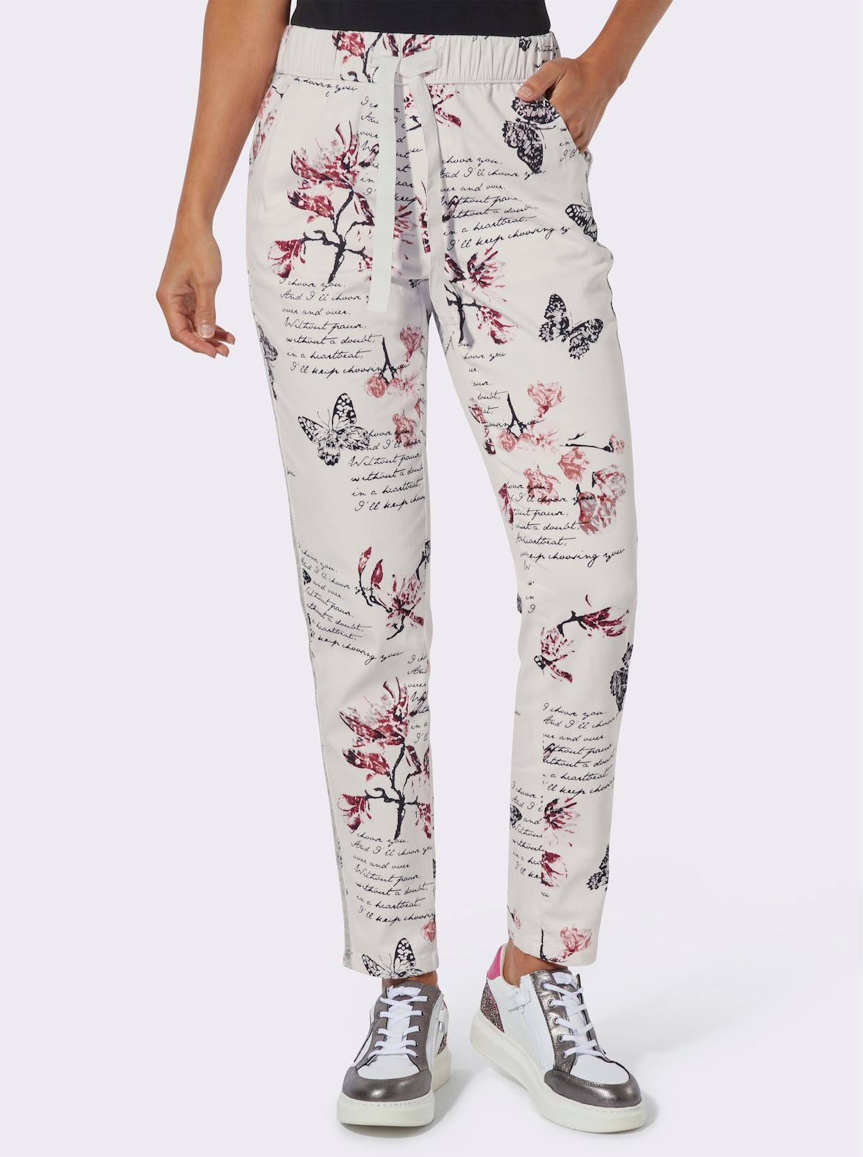Pantalon 7/8 avec imprimé floral et lettering - écru-noir imprimé