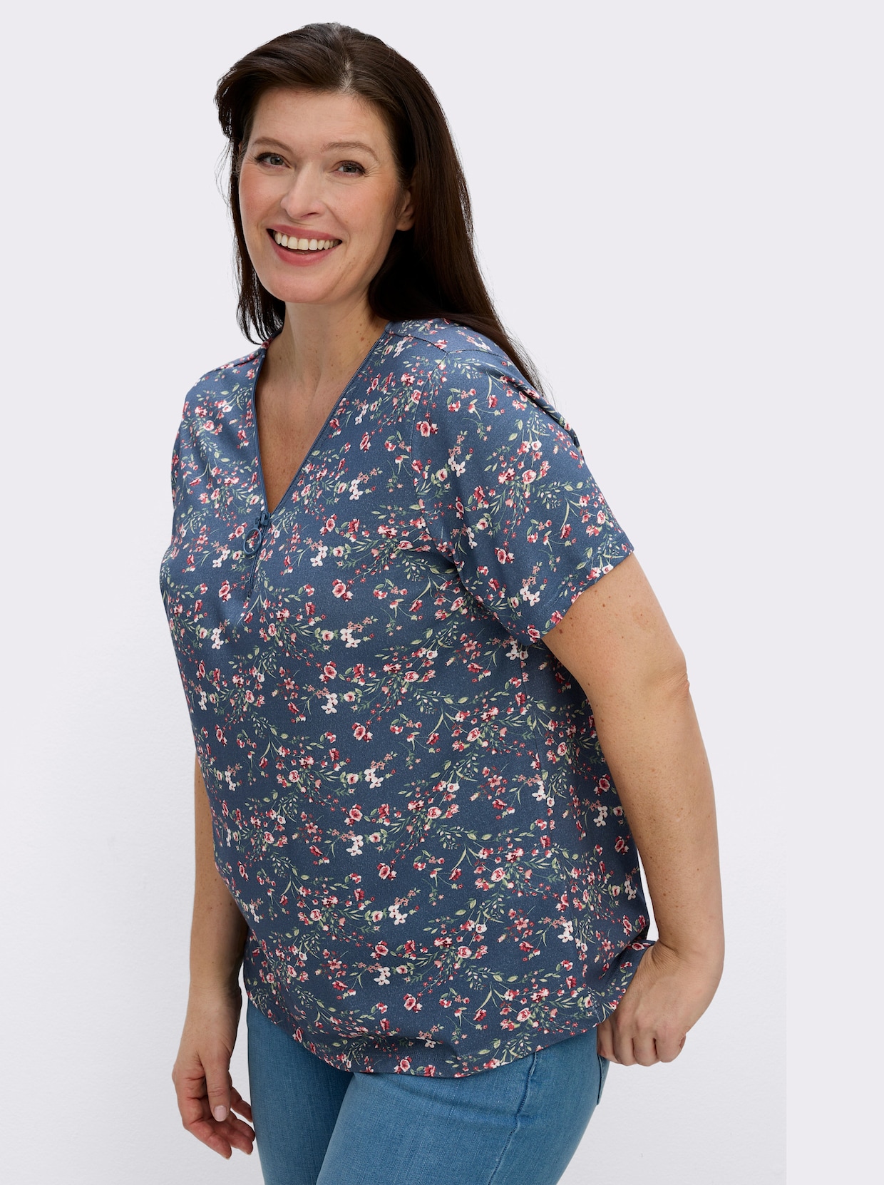 Kurzarmshirt mit Reißverschluss am Ausschnitt - jeansblau-hellrosé-gemustert