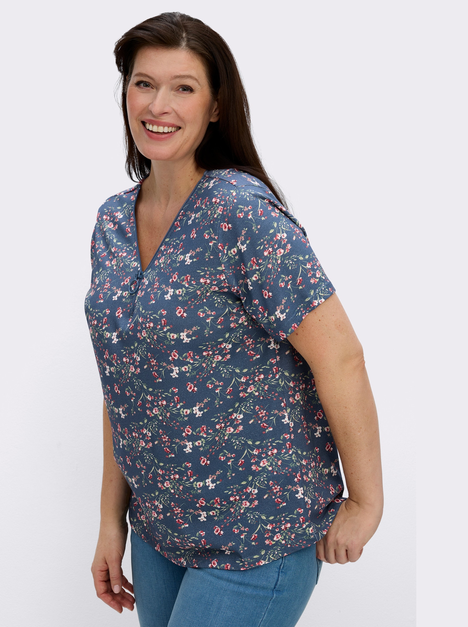 Kurzarmshirt mit Reißverschluss am Ausschnitt - jeansblau-hellrosé-gemustert