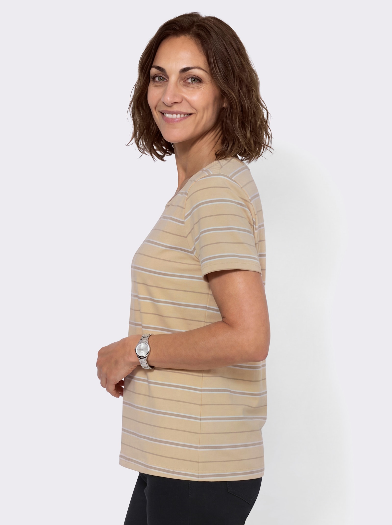 Ringelshirt mit Rundhals-Ausschnitt - vanille-beige-geringelt