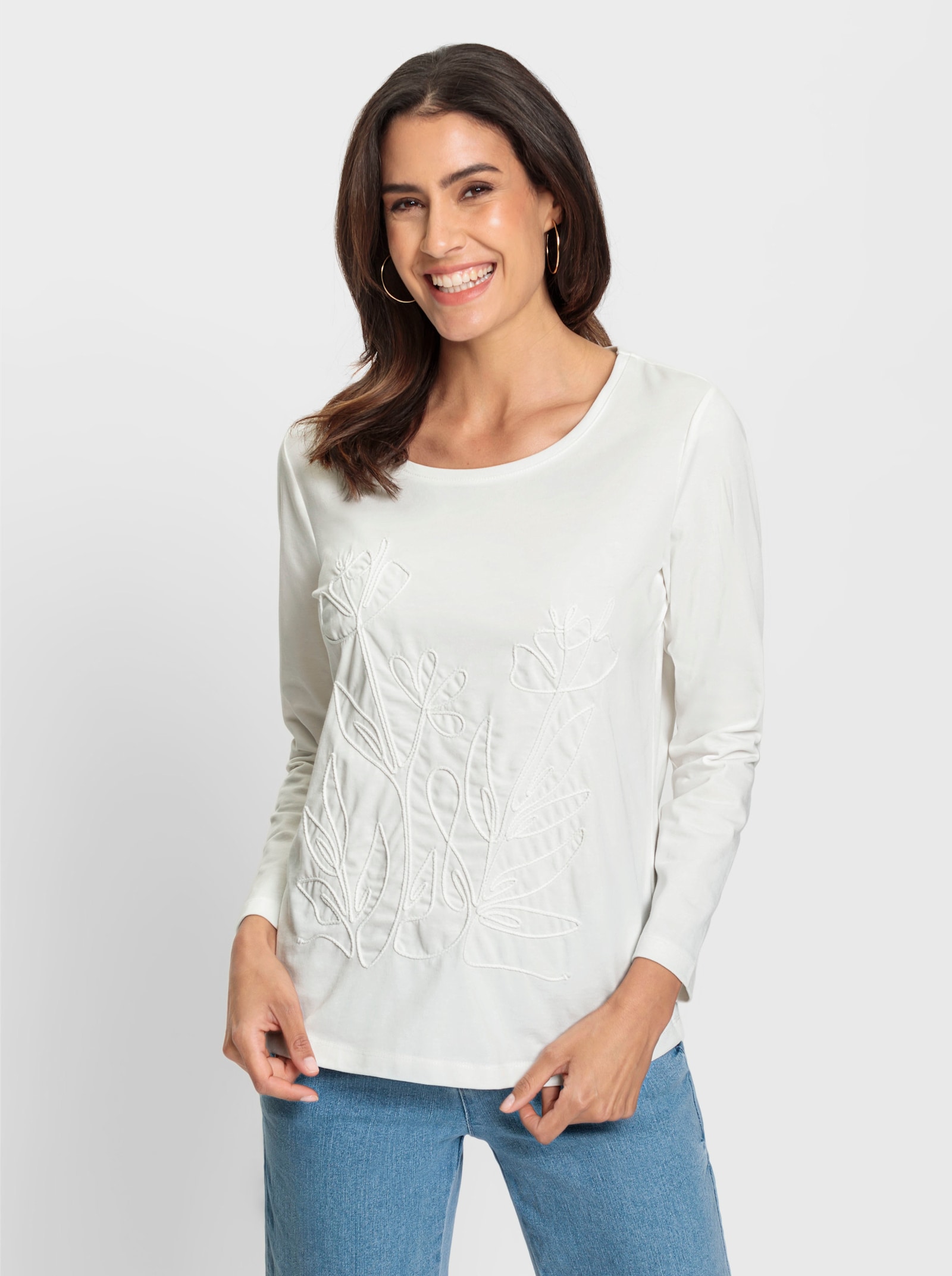 Rundhalsshirt mit Kordel-Stickerei - ecru