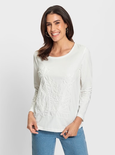 Rundhalsshirt mit Kordel-Stickerei - ecru