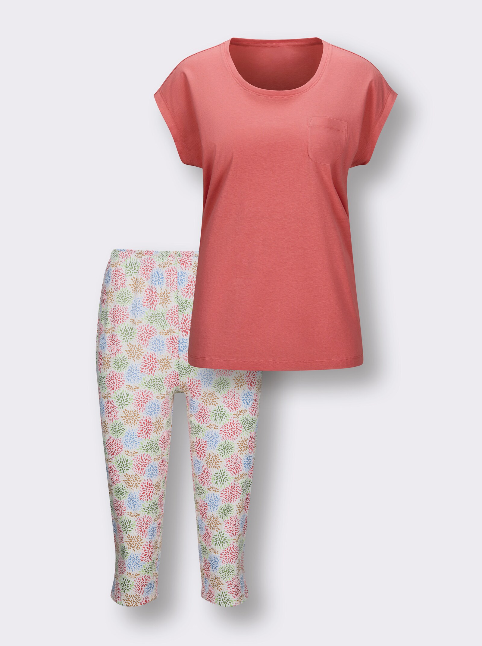wäschepur Capri-Schlafanzug mit Blümchenhose - weiß-koralle-bedruckt