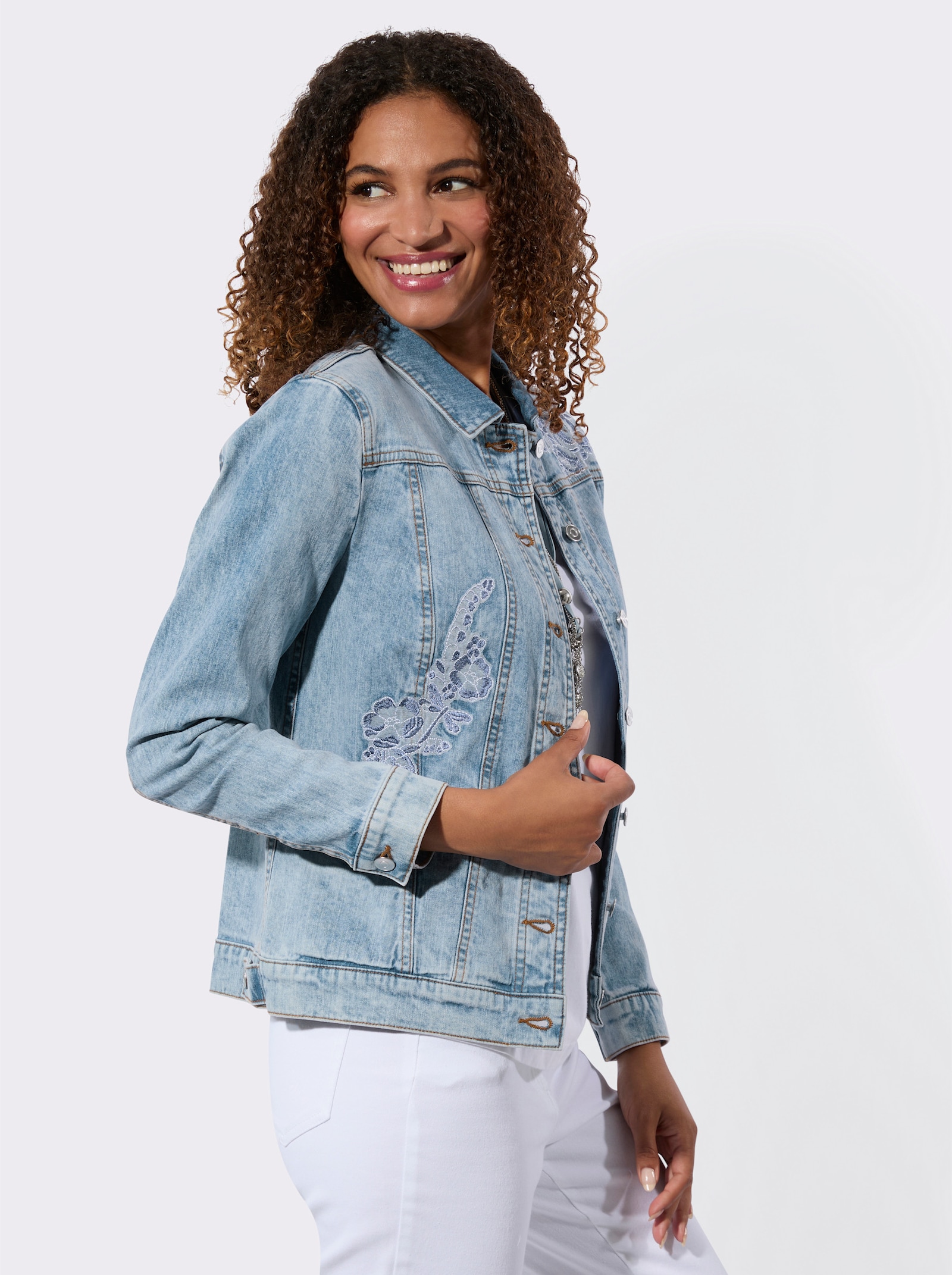 Jeansjack met platte kraag - blue-bleached