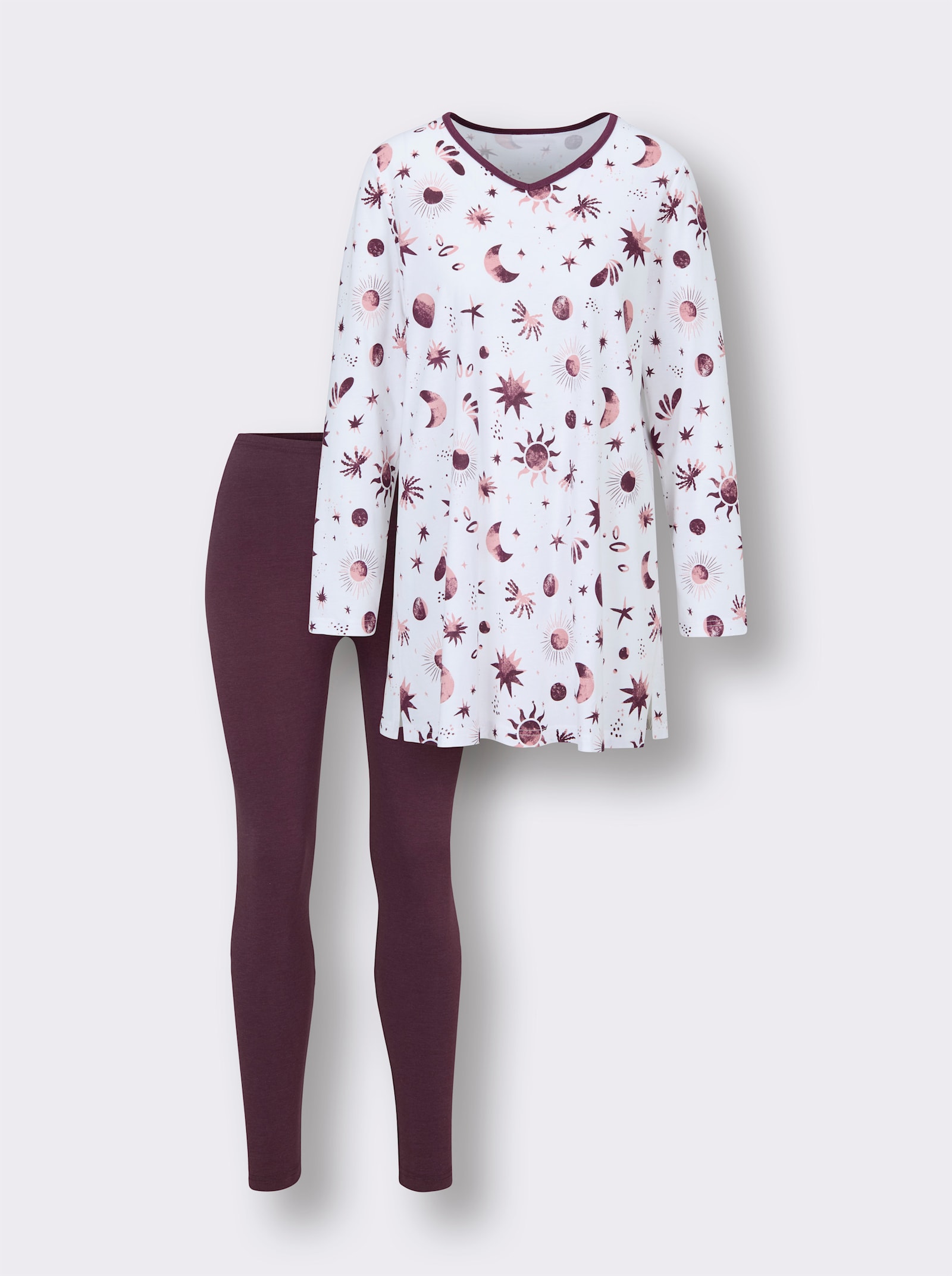wäschepur Pyjama mit Sonne, Mond und Sternen - ecru-burgund-bedruckt