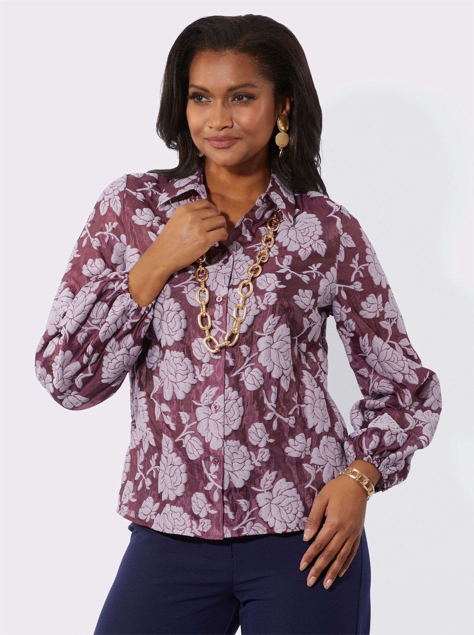 Blouse met lange mouwen in etskant - bordeaux/lila gedessineerd