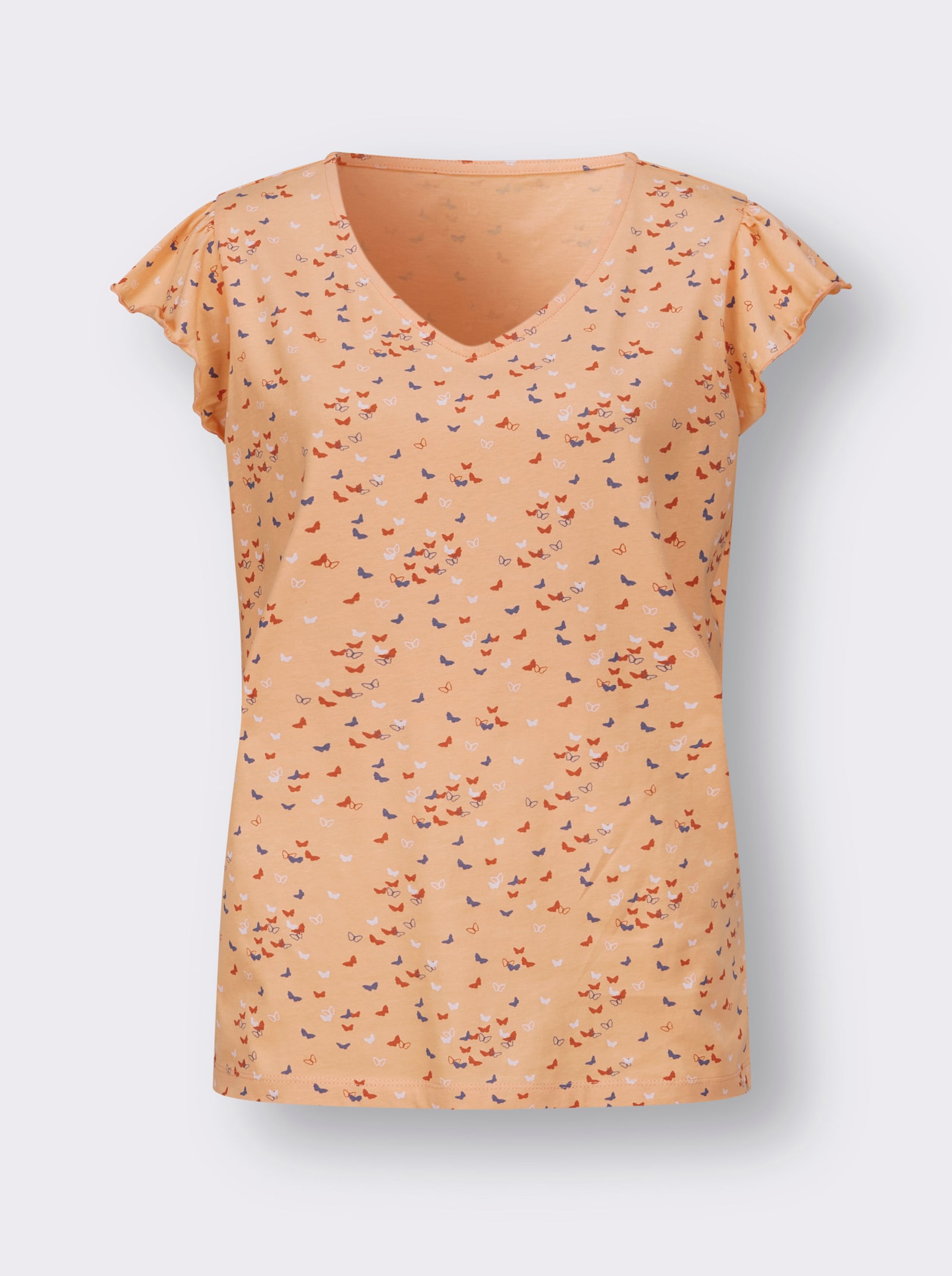 V-Shirt mit Schmetterling-Muster - apricot-papaya-bedruckt