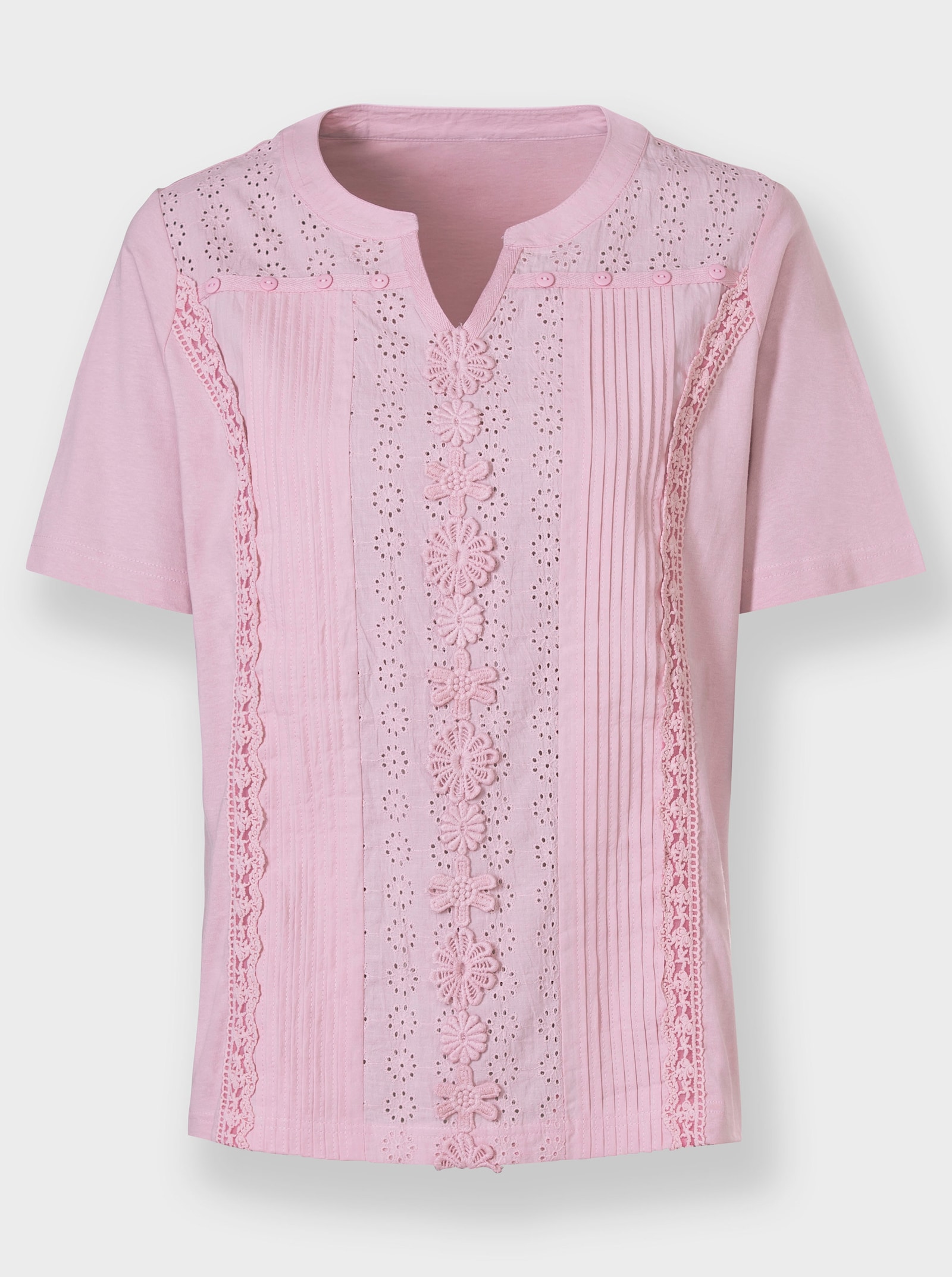 Kurzarmshirt mit Madeira-Spitze - rosé