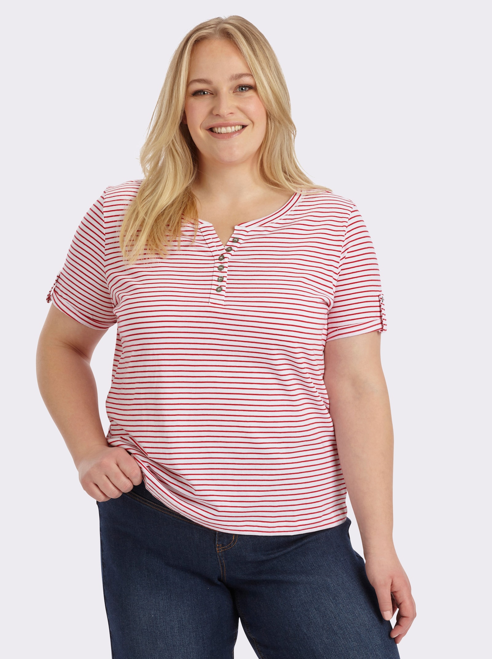 Kurzarmshirt mit fixiertem Ärmel-Aufschlag - rot-geringelt