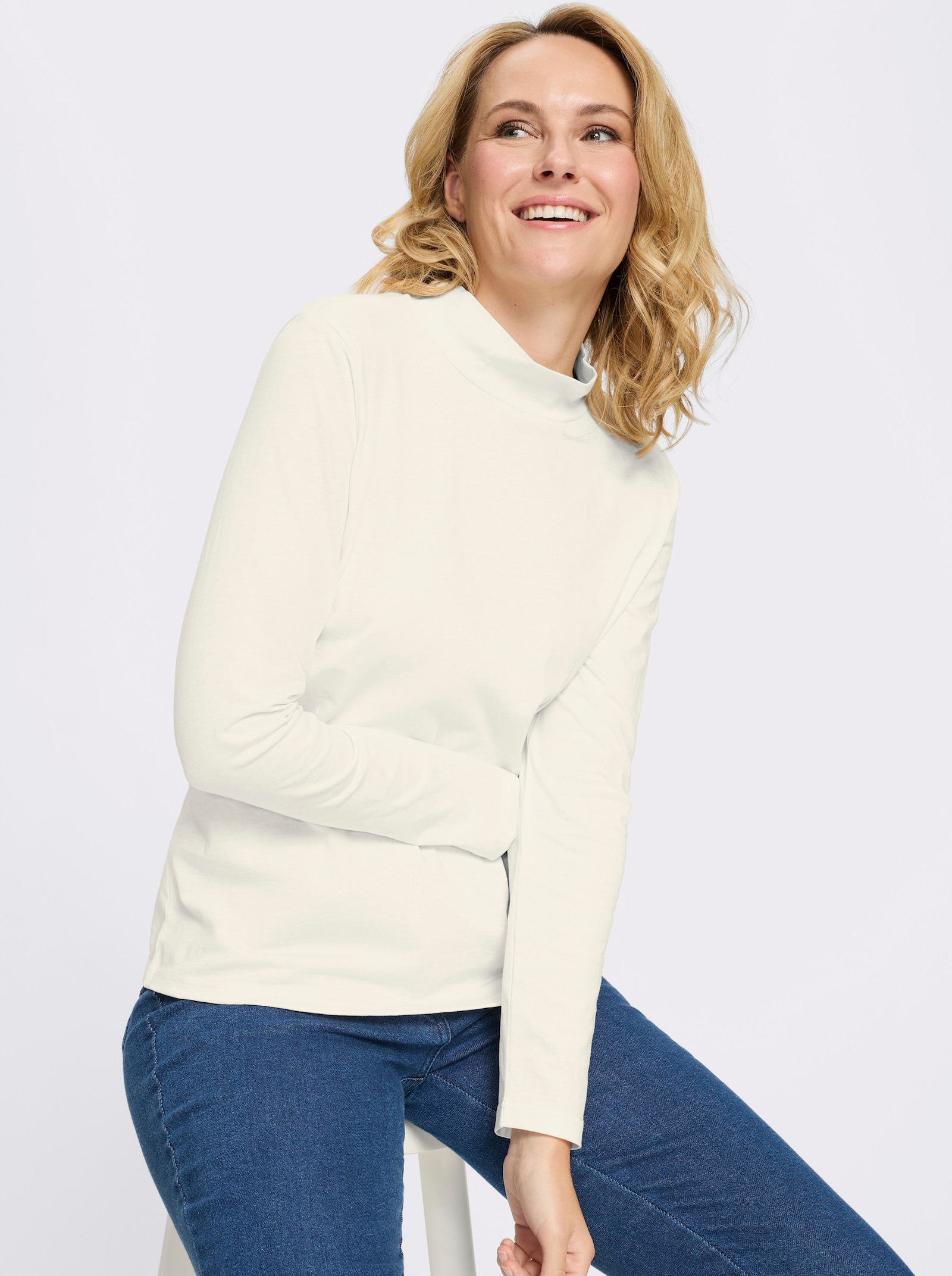 Stehkragenshirt aus reiner Baumwolle - ecru