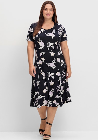 Jerseykleid in A-Form - marine-flieder-bedruckt