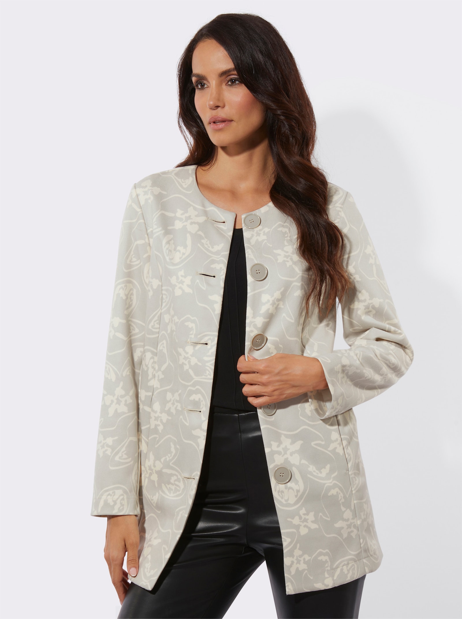 Longblazer aus bedrucktem Veloursleder-Imitat - hellgrau-champagner-bedruckt