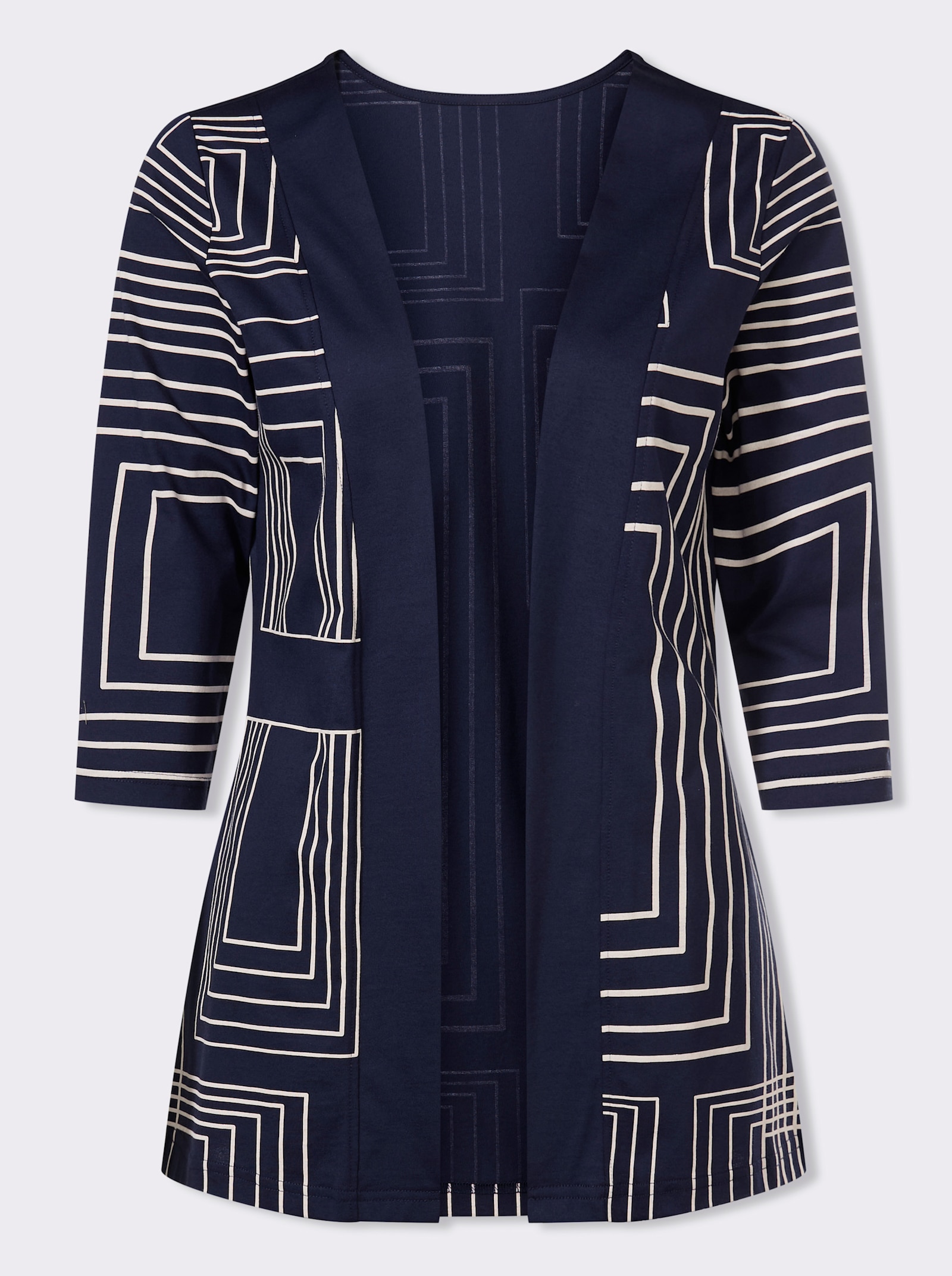 Kabátik, grafický vzor - námornícka modrá – écru s potlačou