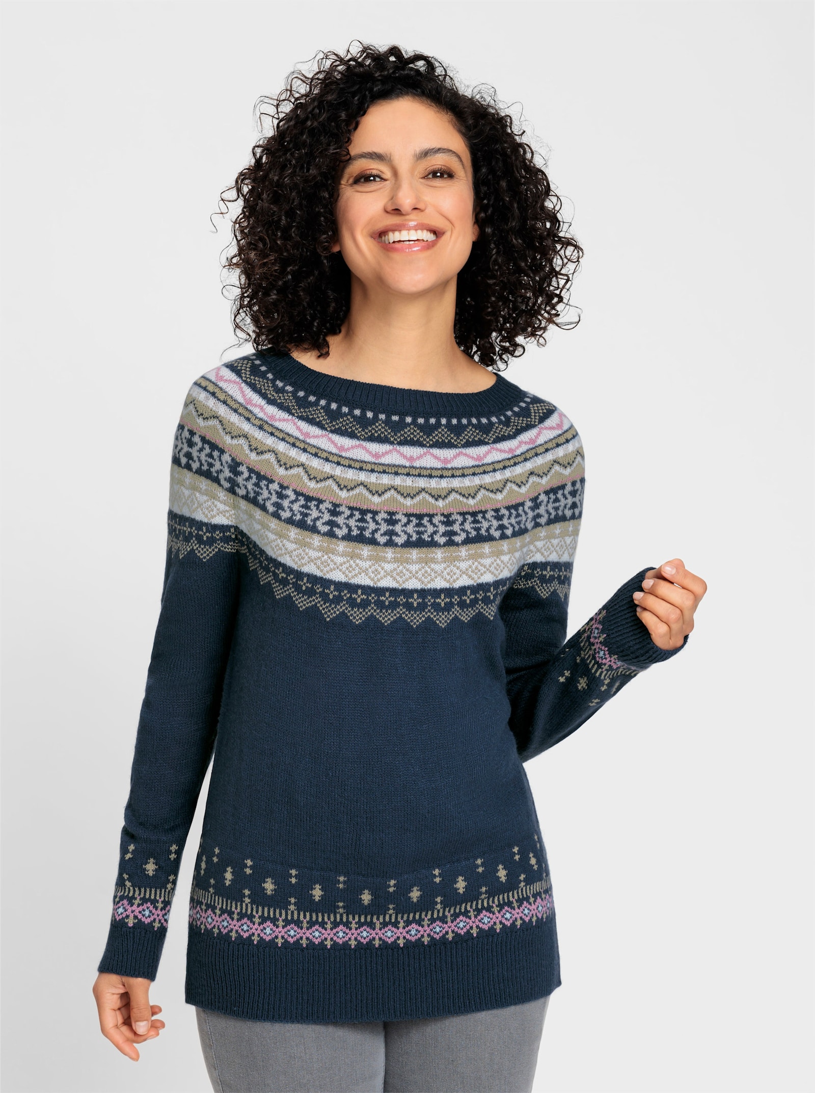 Norwegerpullover mit Raglan-Ärmeln - marine-ecru-gemustert