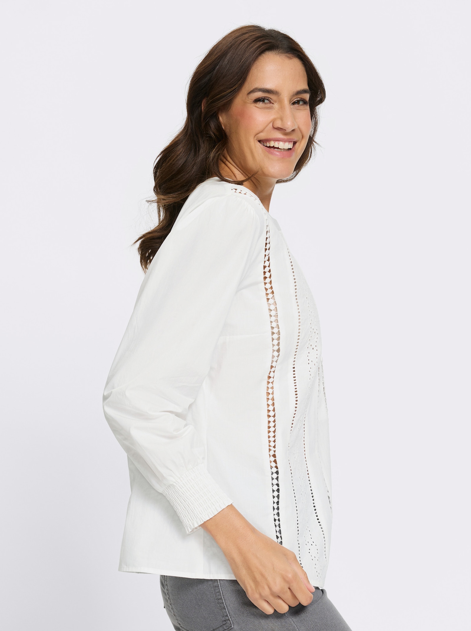 Baumwollbluse mit gesmoktem Saum - ecru