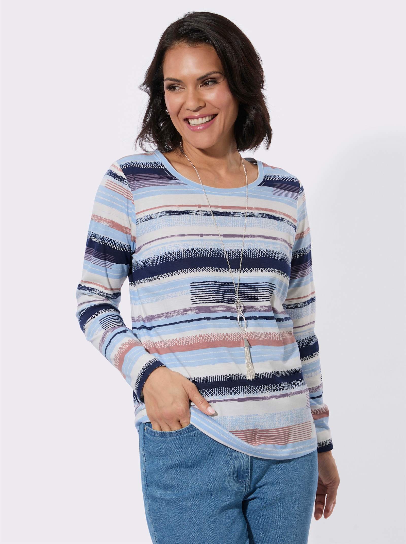 Rundhalsshirt im weichen Material-Mix - rosenholz-ecru-bedruckt