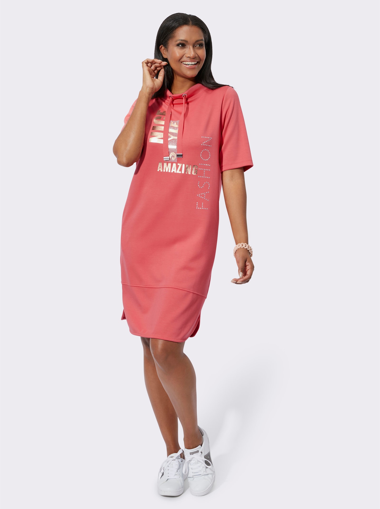 Robe en jersey avec grand col montant - corail