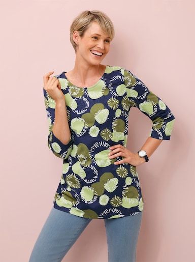 Dlhé tričko s 3/4 rukávmi, bavlna - Olivovo-lipovo zelená potlač