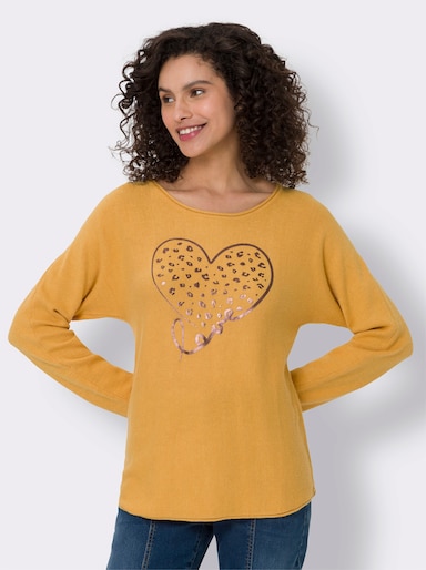 heine Fledermauspullover mit Herz-Foliendruck - ocker