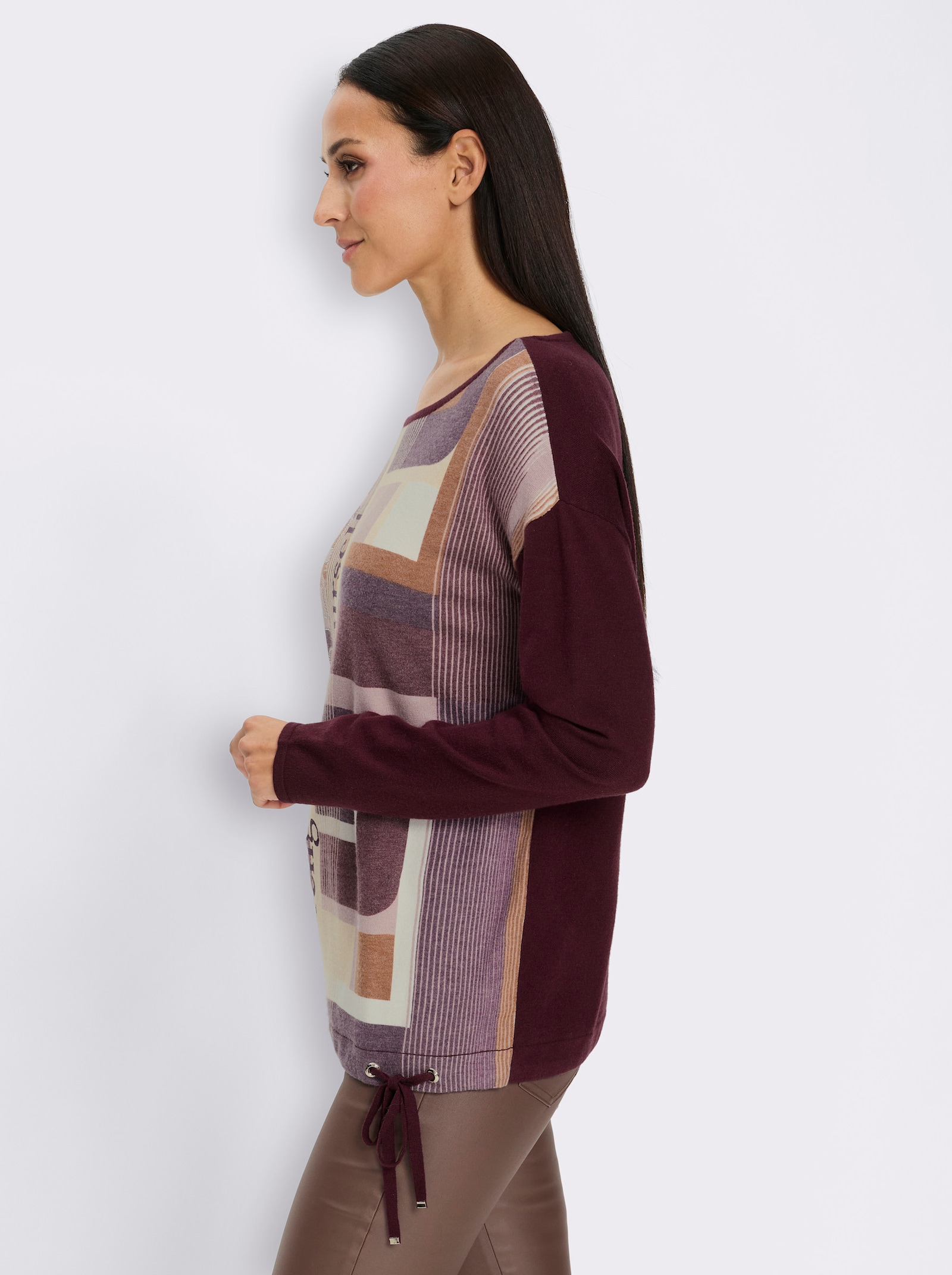 heine Langarm-Pullover mit Tunnelzug und Bindeband - burgund-mauve-bedruckt