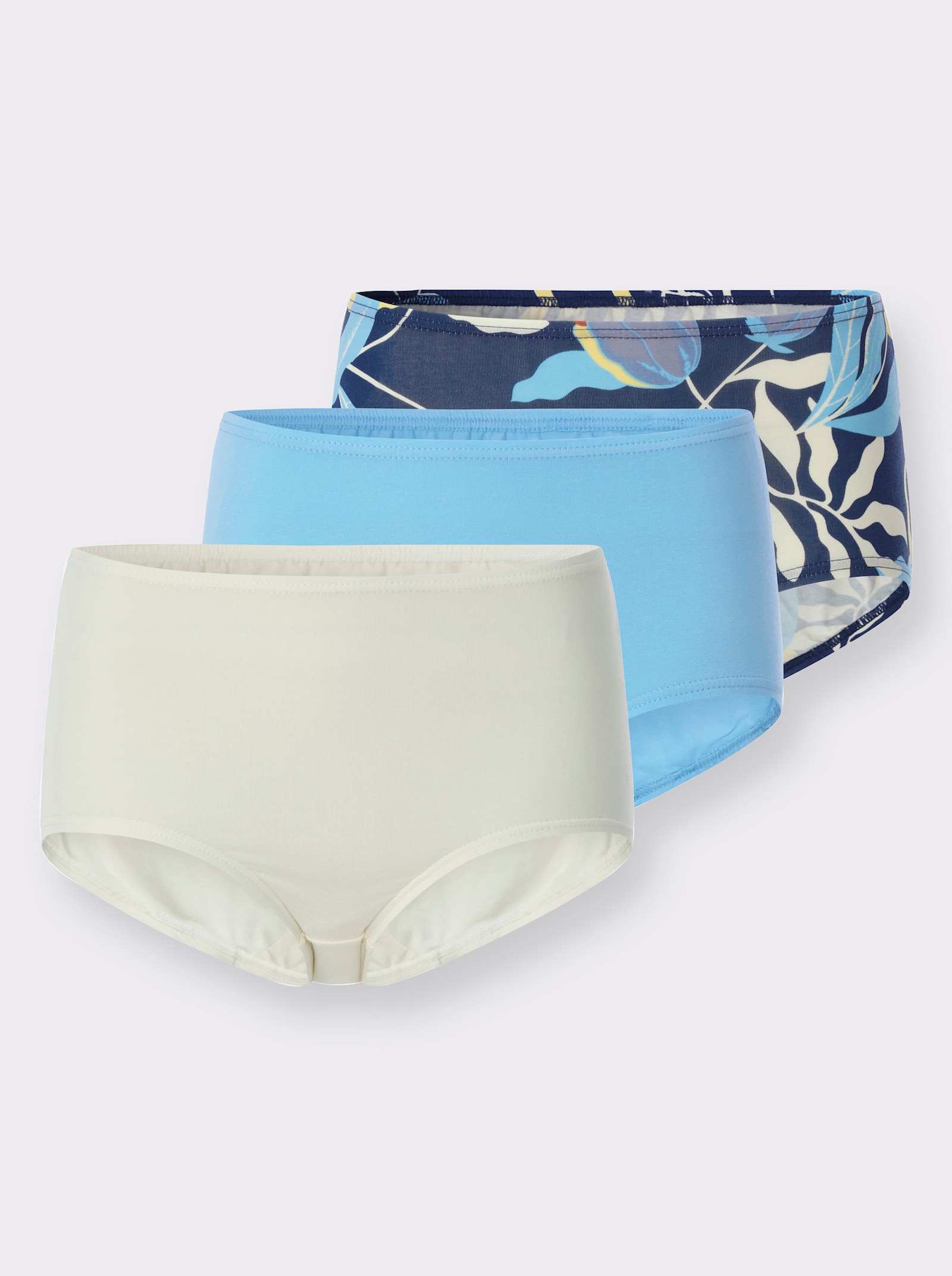 Taillenslip im 3er-Pack, Baumwoll-Qualität - dunkelblau-bedruckt + aqua + champagner