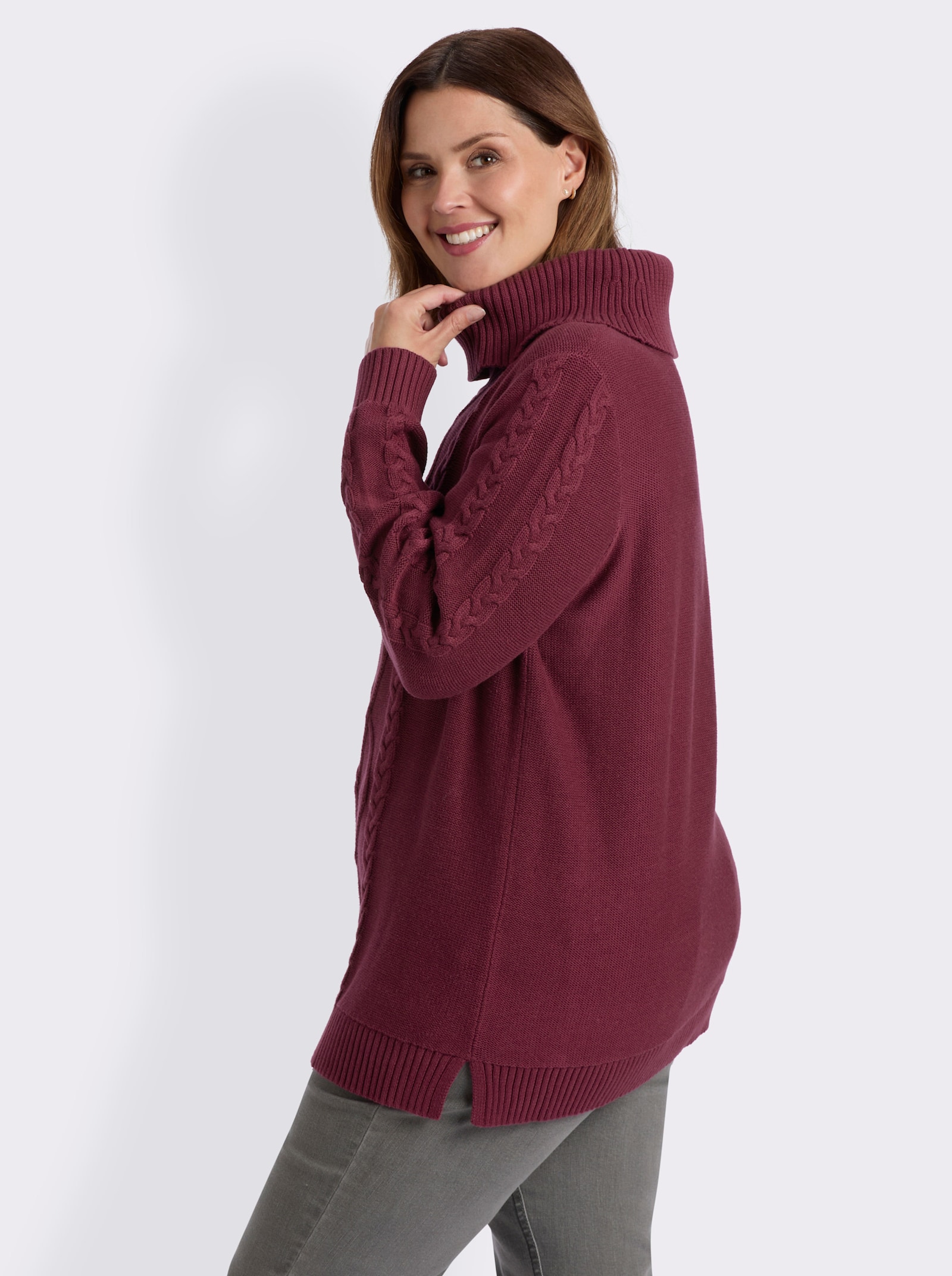 sheego Strickpullover mit Zopf- und Rautenmuster - bordeaux