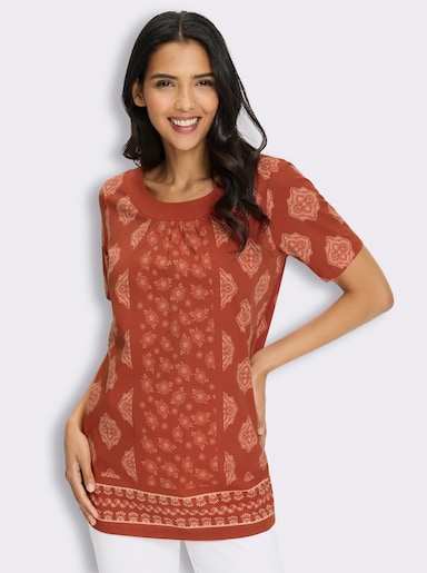 Longshirt mit gekräuseltem Rundhals-Ausschnitt - rostrot-apricot-bedruckt