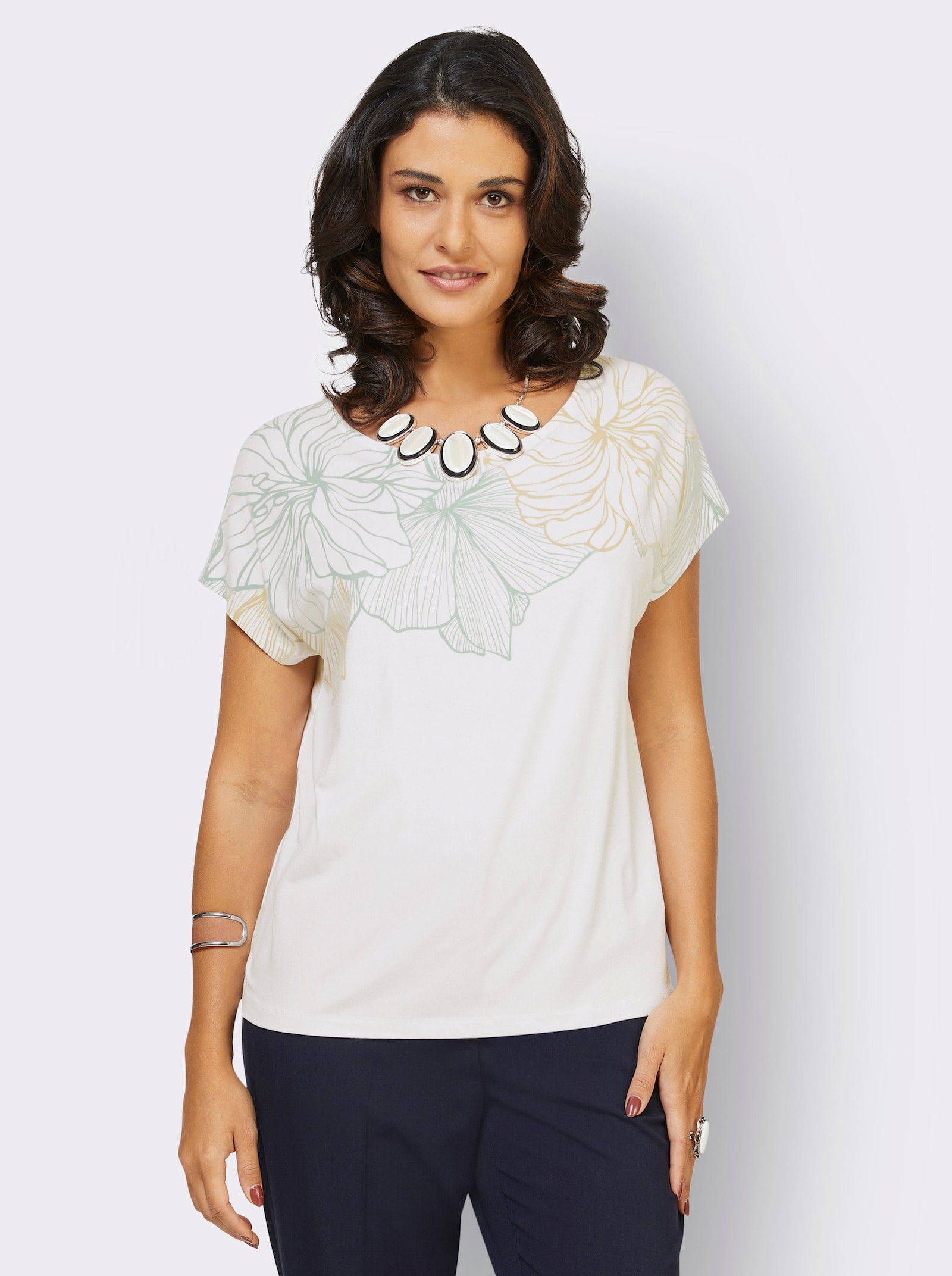 Rundhalsshirt mit überschnittenen Schultern - weiß-kalkmint-bedruckt