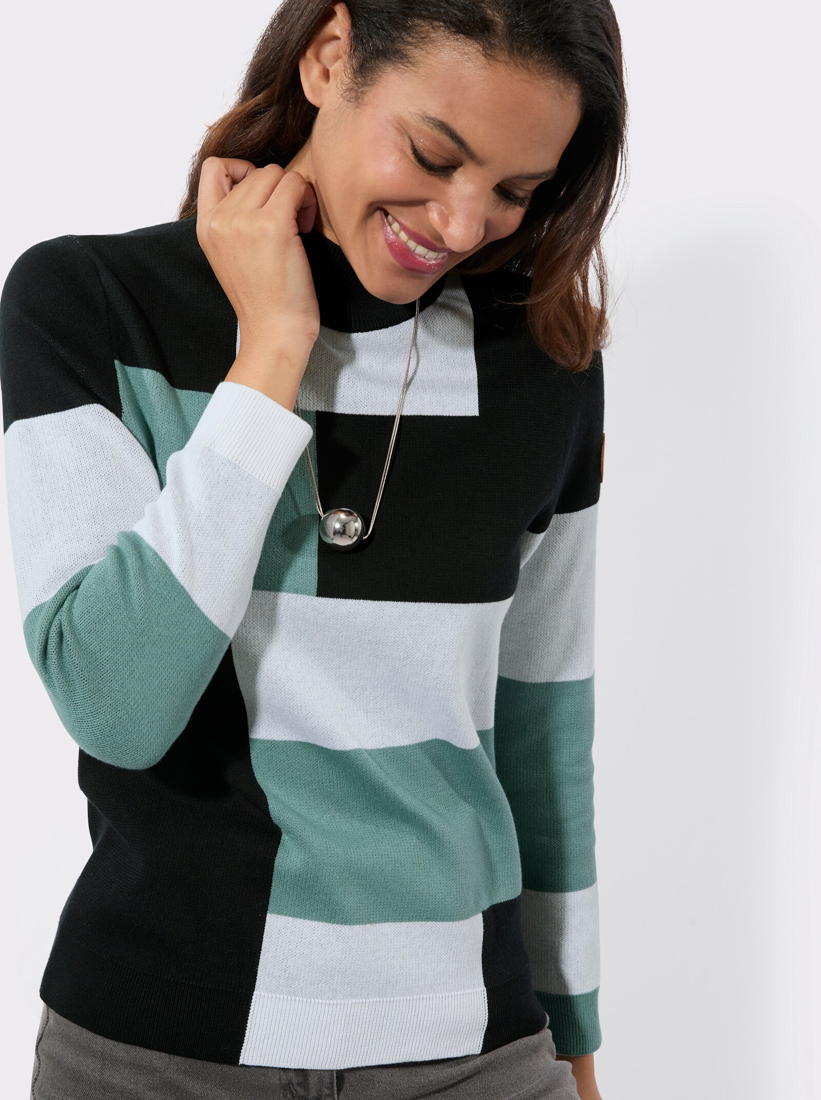 Langarm-Pullover mit Stehkragen - jade-schwarz-gemustert